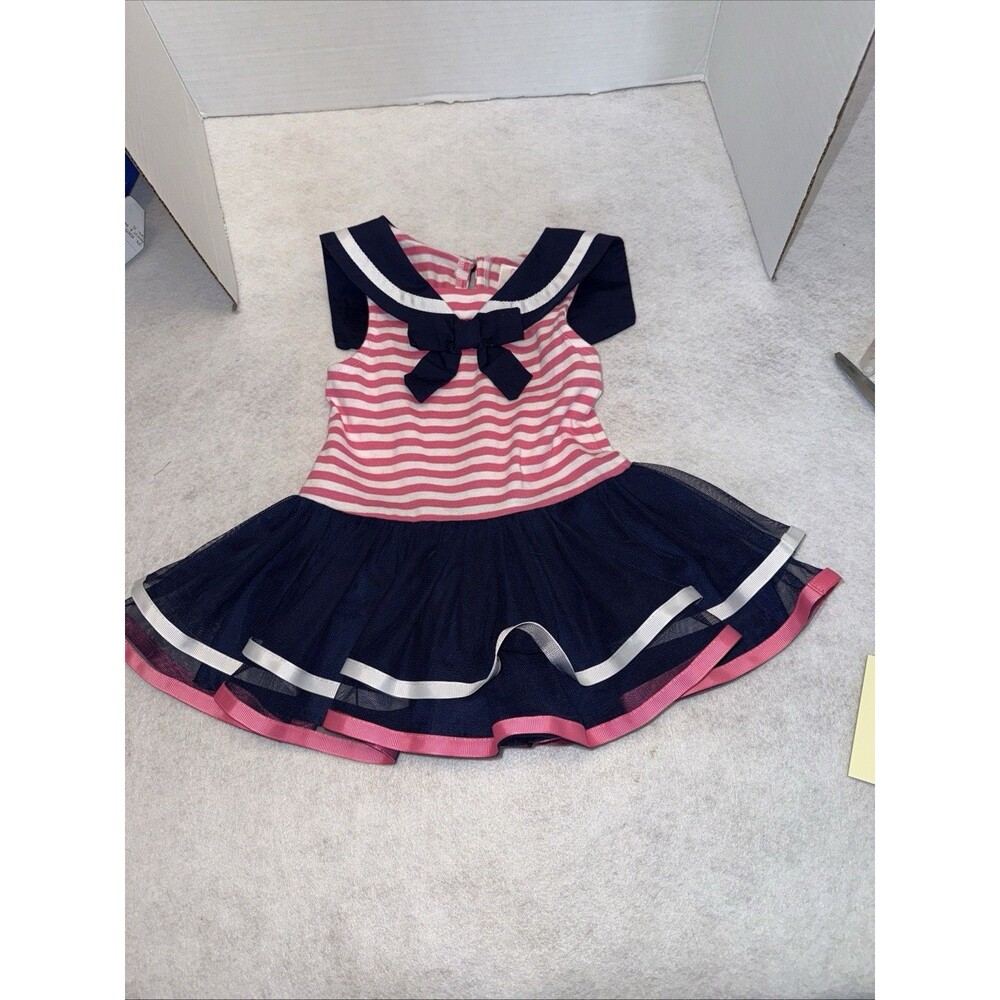 Youngland | Girls Sz 24 mos. Navy White Pink Ruffle  Dress Nautical Style Perown - Picture 3 of 9